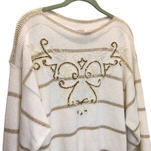 Vintage Holiday Sweater Women Medium Ivory Gold Christmas Beads Sparkle Party